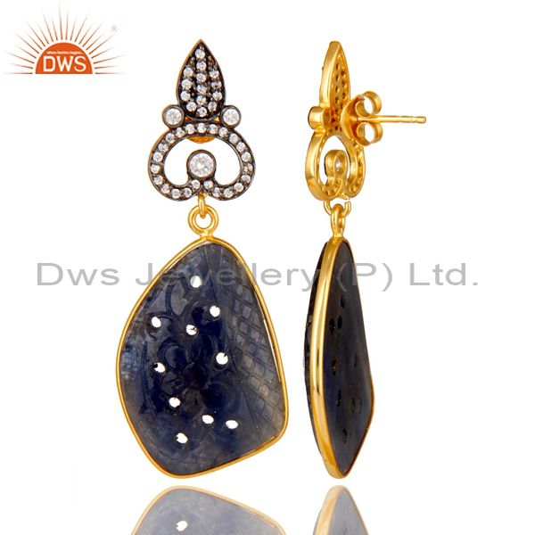 Suppliers 22K Gold Plated Sterling Silver Blue Sapphire Carving Dangle Earrings With CZ
