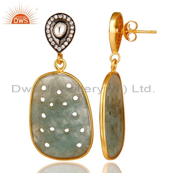 Suppliers 18k Gold Plated Sterling Silver Blue Sapphire Carving And CZ Polki Drop Earrings