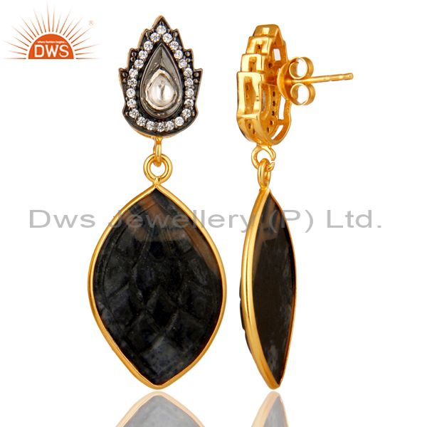 Exporter 18k Gold Plated Sterling Silver Blue Sapphire Carving Drop Earrings With CZ