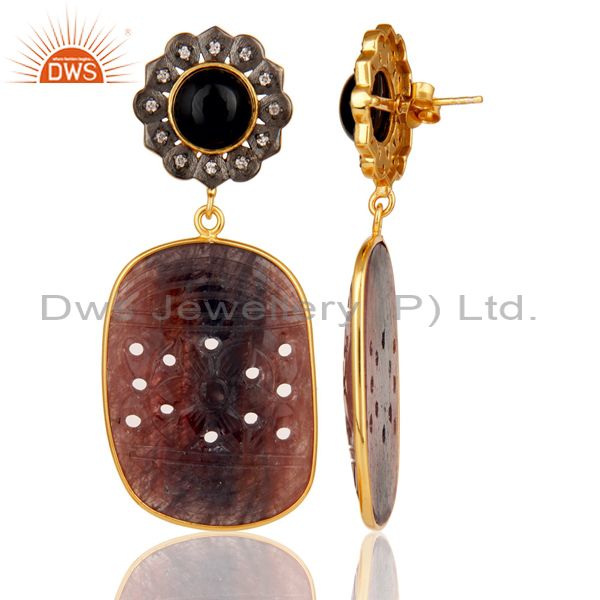 Suppliers Black Onyx and Sapphire Carving 18K Gold Plated Sterling Silver Lovely Earring