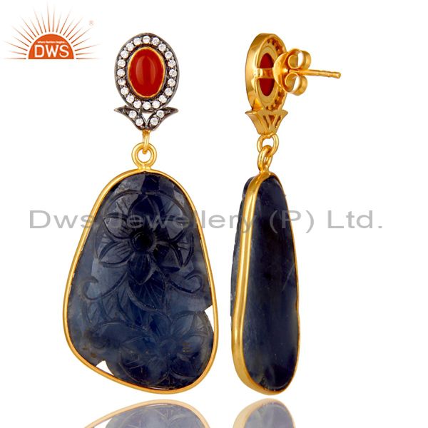Suppliers Carved Blue Sapphire And Red Onyx 22K Gold Over Sterling Silver Dangle Earrings