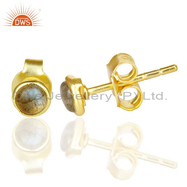 Suppliers Natual Labrodorite Cabochon Tiny 4MM Round Stud 14 K Gold Plated Earring