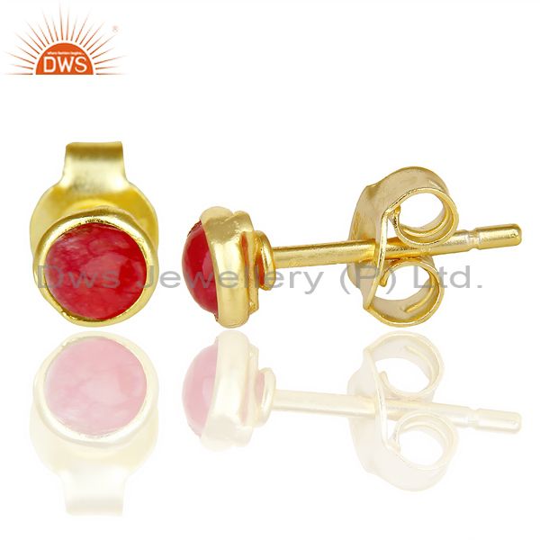 Suppliers Natual Red Aventurine Cabochon Tiny 4MM Round Stud 14 K Gold Plated Earring