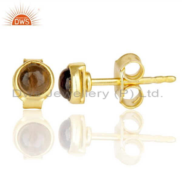 Suppliers Smoky Topaz Cabochon Tiny 4MM Round Stud 14 K Gold Plated Earring