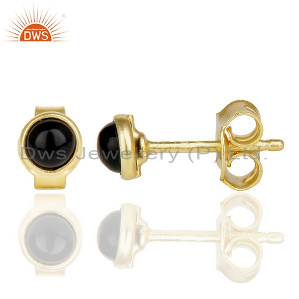Suppliers Black ONyx Cabochon Tiny 4MM Round Stud 14 K Gold Plated Earring