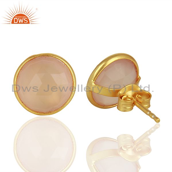 Exporter Rose Chalcedony Gemstone Gold Plated 925 Silver Stud Earrings Jewelry
