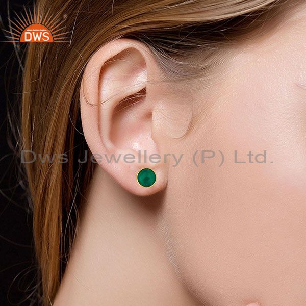 Suppliers 14K Yellow Gold Plated 925 Sterling Silver Green Onyx Gemstone Studs Earrings