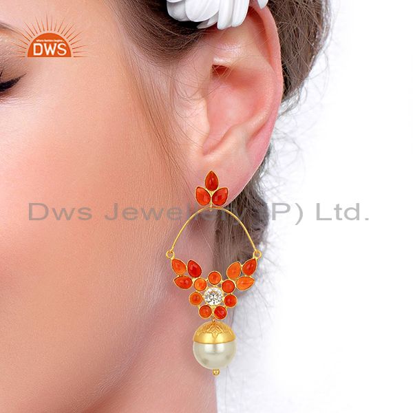 Suppliers 14K Yellow Gold Plated Sterling Silver Pearl & Red Onyx Dangle Earrings With CZ