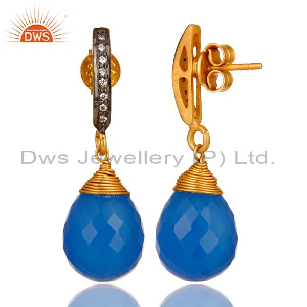 Suppliers 14K Yellow Gold Plated Sterling Silver Blue Chalcedony Drop Earrings With CZ
