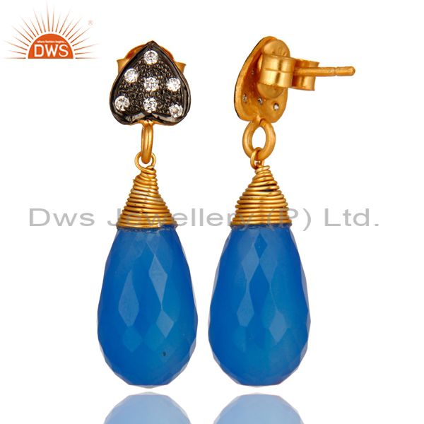 Suppliers 18K Yellow Gold Plated Sterling Silver Blue Chalcedony Gemstone Drop Earrings