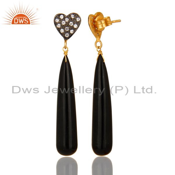Suppliers 14K Yellow Gold Plated Sterling Silver CZ & Black Onyx Smooth Teardrop Earrings