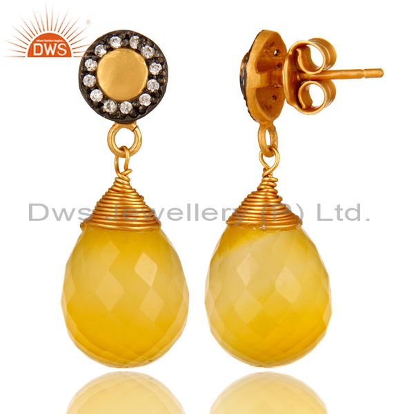 Suppliers 14K Gold Plated Sterling Silver Faceted Yellow Moonstone Drop Earrings With CZ