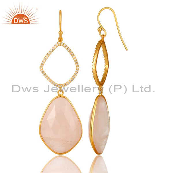 Suppliers 18K Yellow Gold Plated Sterling Silver Rose Quartz And CZ Dangle Earrings