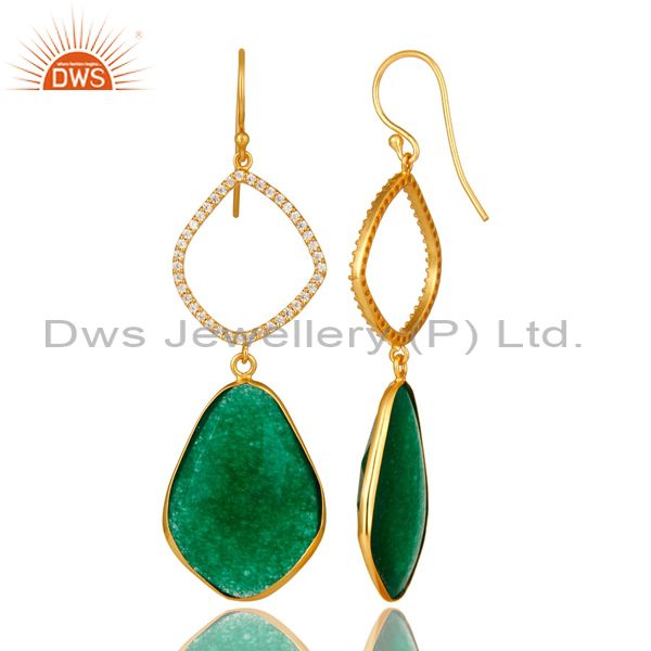 Suppliers 18K Yellow Gold Plated Sterling Silver Green Onyx Bezel Dangle Earrings With CZ