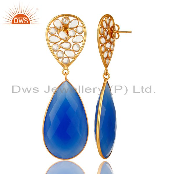 Suppliers 18K Yellow Gold Plated Sterling Silver Blue Chalcedony Bezel Set Dangle Earrings