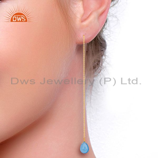 Suppliers Blue Chalcedony Threaded Earring 14K Gold Plated 92.5 Sterling Silver Earring