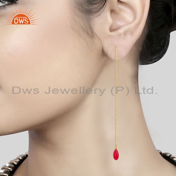 Suppliers Red Ruby Gemstone 925 Silver Gold Plated Chain Earrings Manufacturer