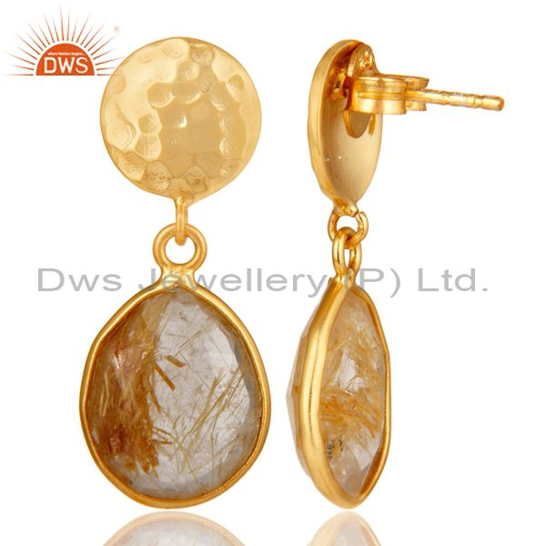 Suppliers 22K Yellow Gold Plated Sterling Silver Rutilated Quartz Bezel Set Drop Earrings