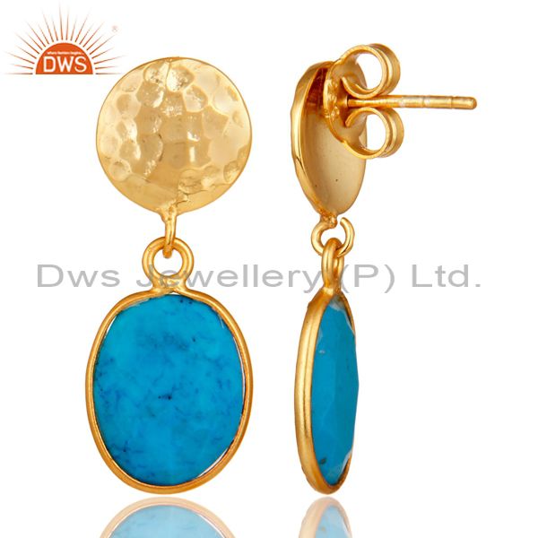 Suppliers Yellow Gold Plated Sterling Silver Turquoise Cultured Bezel Set Dangle Earrings