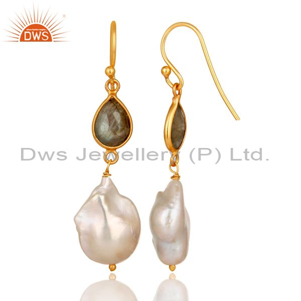 Suppliers 22K Yellow Gold Plated Sterling Silver Labradorite And Pearl Drop Earrings