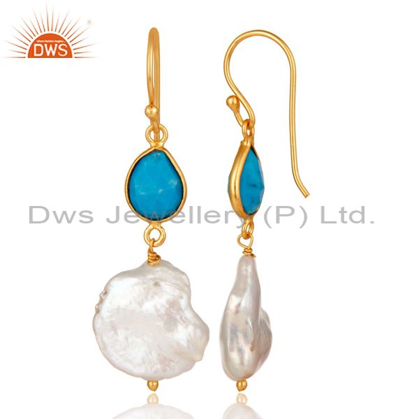 Suppliers Turquoise and Pearl 22K Yellow Gold Plated Sterling Silver Drop Earrings