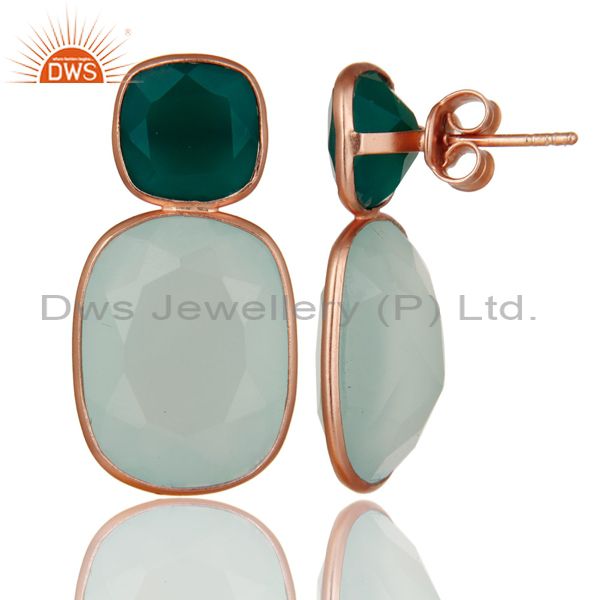 Suppliers 18K Rose Gold Plated Sterling Silver Green Onyx And Chalcedony Dangle Earrings