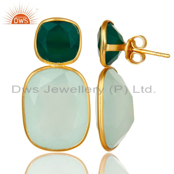 Suppliers 18K Yellow Gold Plated Sterling Silver Green Onyx And Chalcedony Dangle Earrings