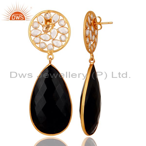 Suppliers 18k Gold PLated Black Onyx and CZ Sterling Silver Handmade Stud Drop Earring