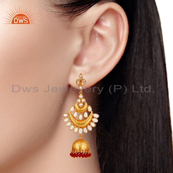 Suppliers Coral and Zircon 18K Gold Plated Sterling Silver Jhumka Earring