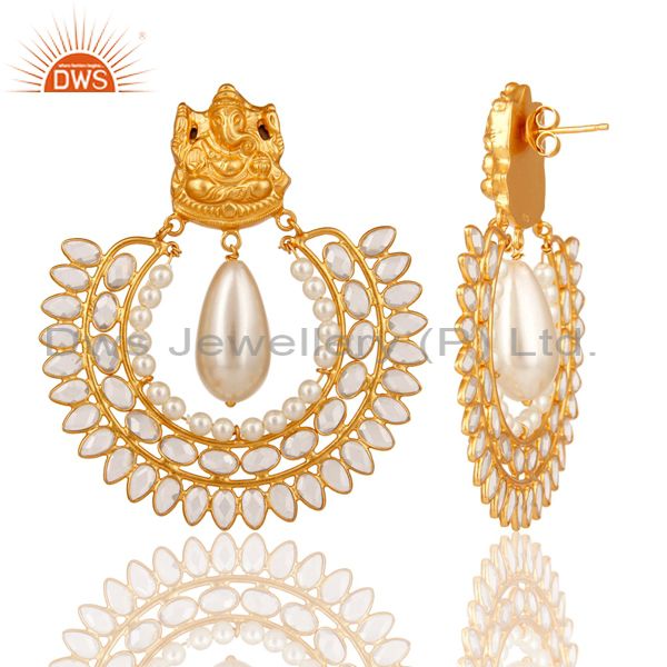 Suppliers 18K Gold Plated Sterling Silver Jhumki with Pearl and CZ Temple Earring