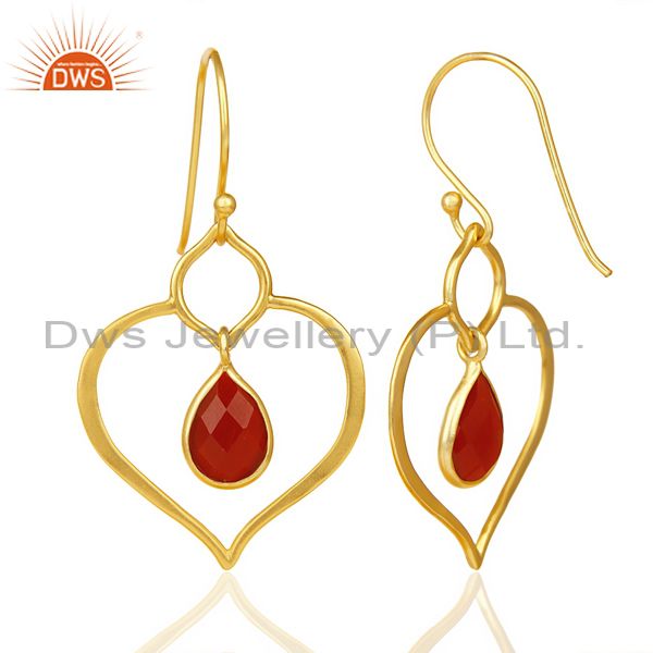 Suppliers Red Onyx Dangle Heart Hoop 14K Gold Plated 92.5 sterling Silver Earring