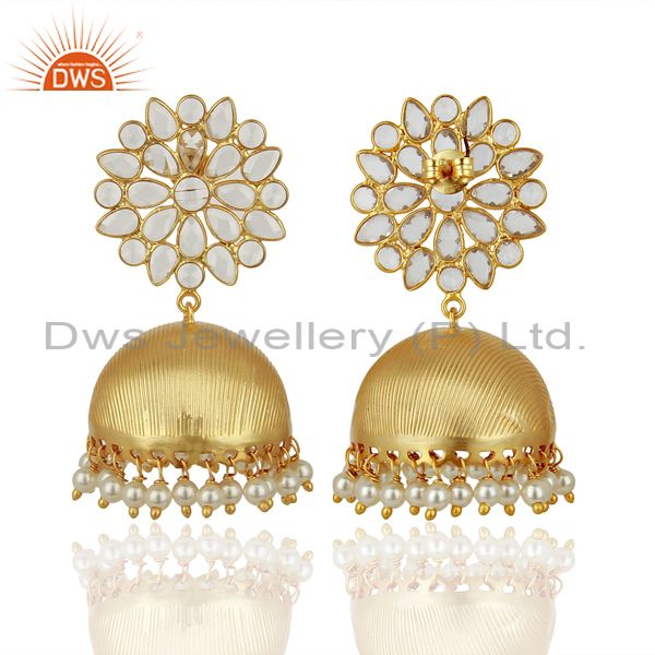 Exporter Pearl and CZ 18K Gold Plated Sterling Silver Traditional Earring Jhumka