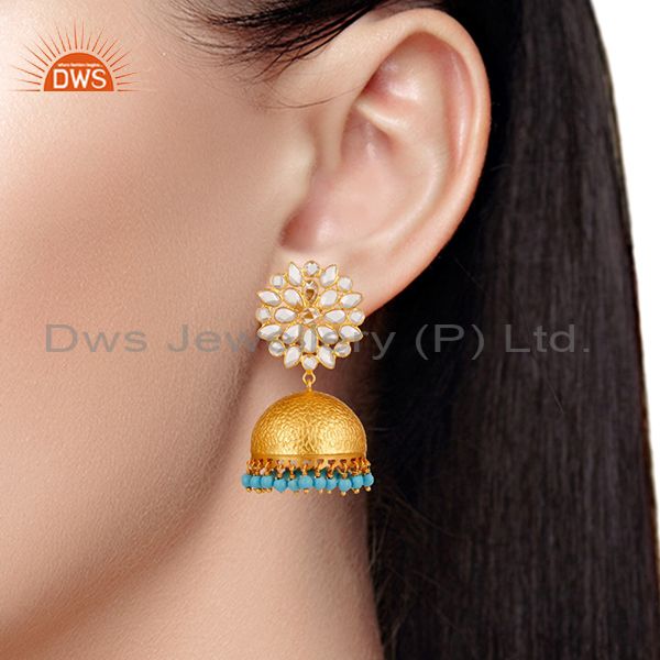 Suppliers Turquoise and CZ 18K Gold Plated Sterling Silver Traditional Earring Jhumka