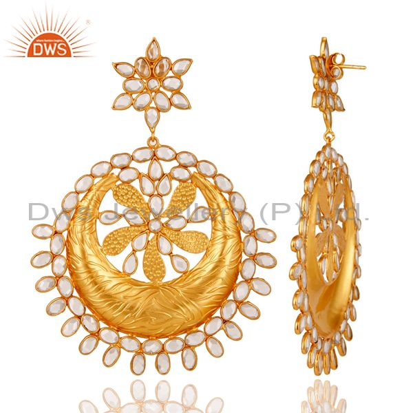 Suppliers White CZ 18K Gold Plated Sterling Silver Dangler Traditional Earring