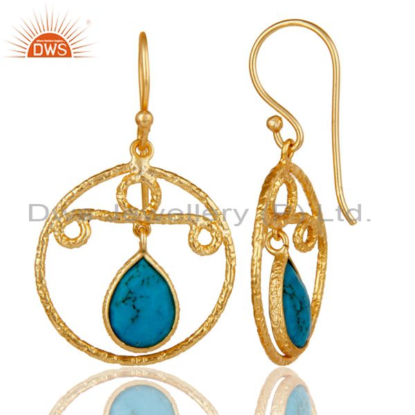 Suppliers 22k Gold Plated 925 Sterling Silver Bezel Set Natural Turquoise Drops Earrings