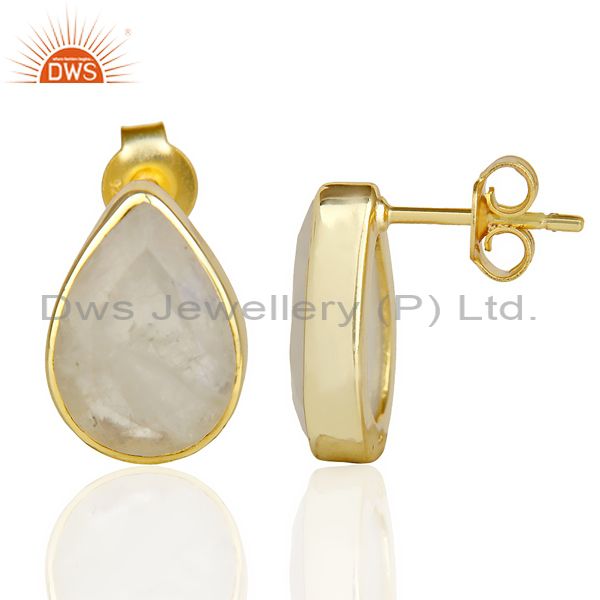 Suppliers Natural Rainbow Moon Stone Pear Shape Flat Back Gold Plated Stud Earring