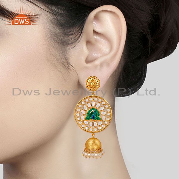 Suppliers 18K Gold Plated 925 Sterling Silver Pearl Beads & White Zircon Jhumka Earrings
