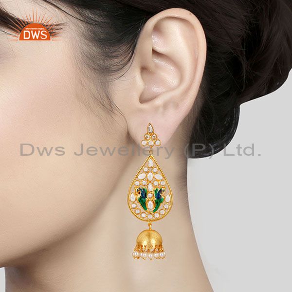 Suppliers 14K Gold Plated 925 Sterling Silver White Zircon & Pearl Beads Jhumka Earrings