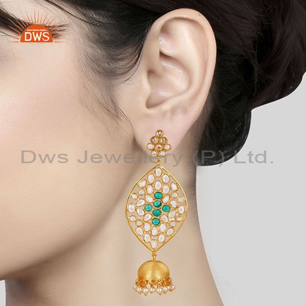 Suppliers 14K Gold Plated 925 Sterling Silve Pearl Beads, CZ & Green Glass Jhumka Earring