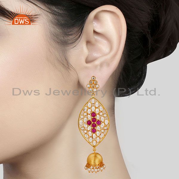 Suppliers 14K Gold Plated Sterling Silver White Zircon, Pearl & Red Glass Jhumka Earrings