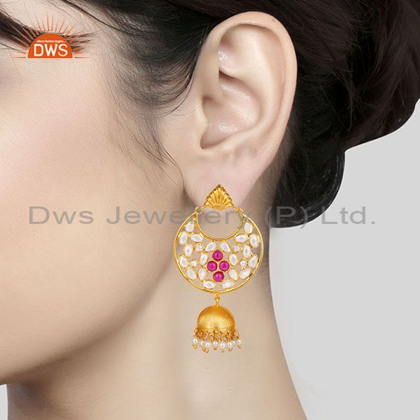 Suppliers 18K Gold Plated Sterling Silver White Zircon, Pearl & Red Glass Jhumka Earrings
