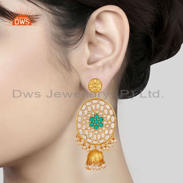 Suppliers 18K Gold Plated Sterling Silver Pearl Beads, Green Glass & CZ Jhumka Earrings