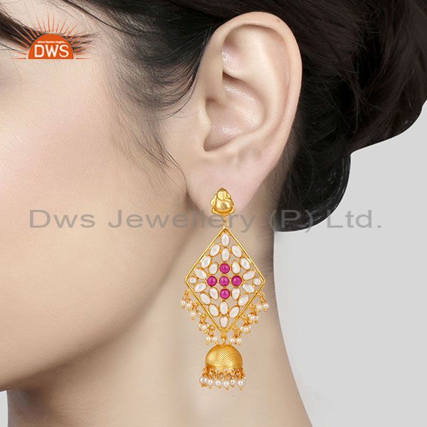 Suppliers 18K Gold Plated 925 Sterling Silver Pearl Beads, Red Glass & CZ Jhumka Earrings