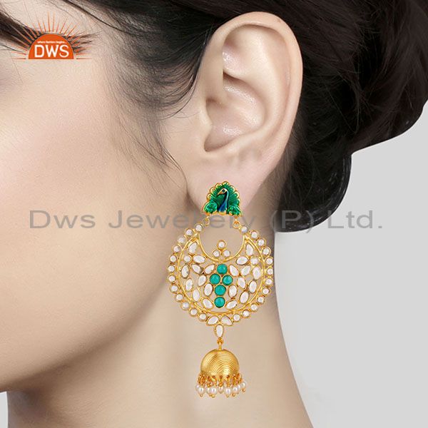 Suppliers 14K Gold Plated 925 Sterling Silver Pearl, CZ & Green Glass Jhumka Earrings
