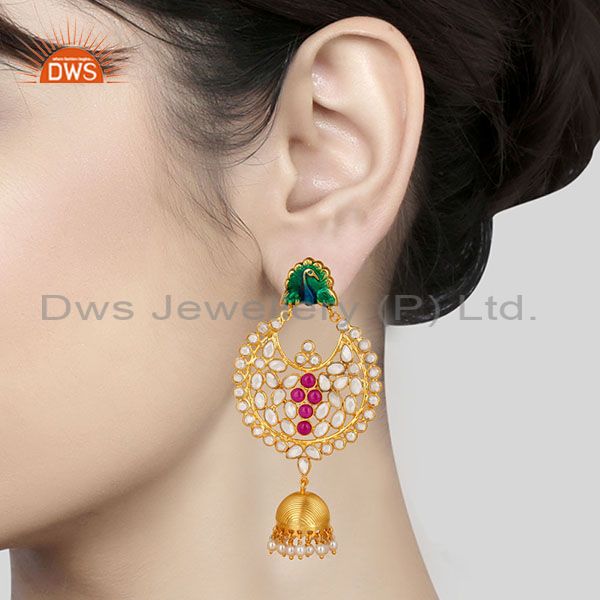 Suppliers 18K Gold Plated Sterling Silver Pearl Beads, Red Glass & CZ Jhumka Earrings