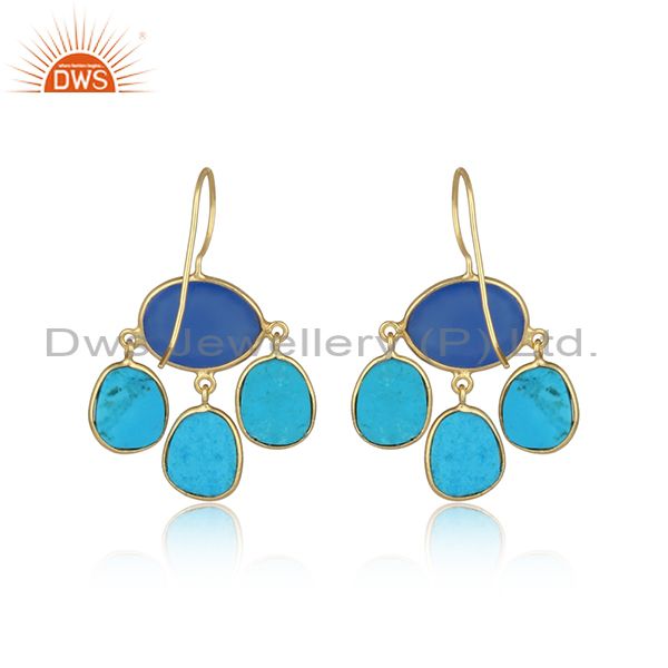 Newly gold on silver turquoise and blue chalcedony earring