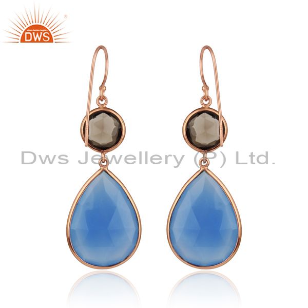Suppliers Smoky Quartz Blue Chalcedony Gemstone Rose Gold Plated Earrings
