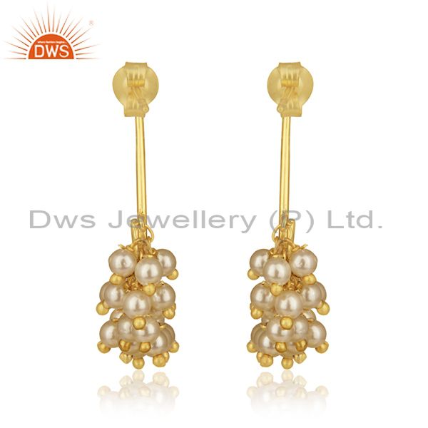 Round Pearl Beads Set 18K Gold On 925 Silver Ethnic Earrings