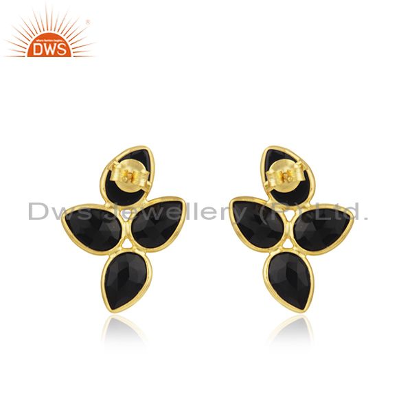 Suppliers Natural Black Onyx Gold Plated Silver Gemstone Earrings Jewelry