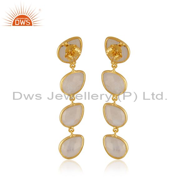 Suppliers Natural Rainbow Moonstone Gold Plated 92.5 Silver Dangle Earrings Supplier INdia